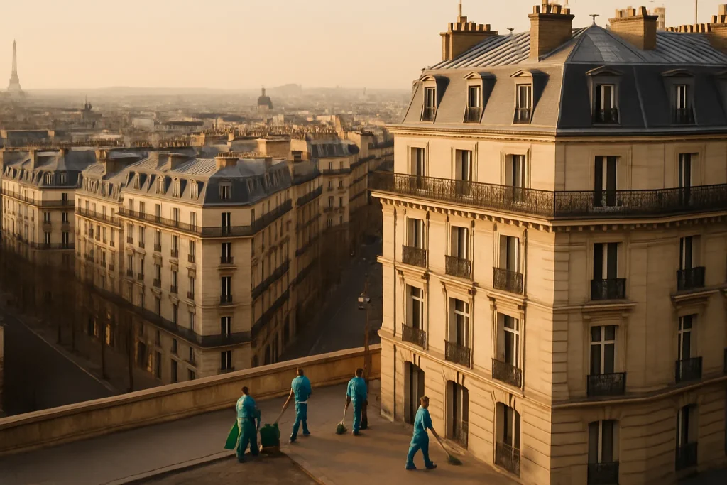 Équipe de désinfection en uniforme devant un immeuble parisien haussmannien.