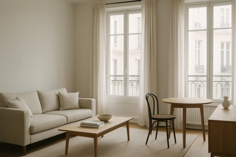 Intérieur d'une maison parisienne élégante avec lumière douce et mobilier minimaliste.