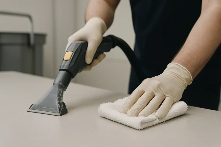 Des mains gantées utilisent des outils spécialisés pour nettoyer une scène de crime à Paris.