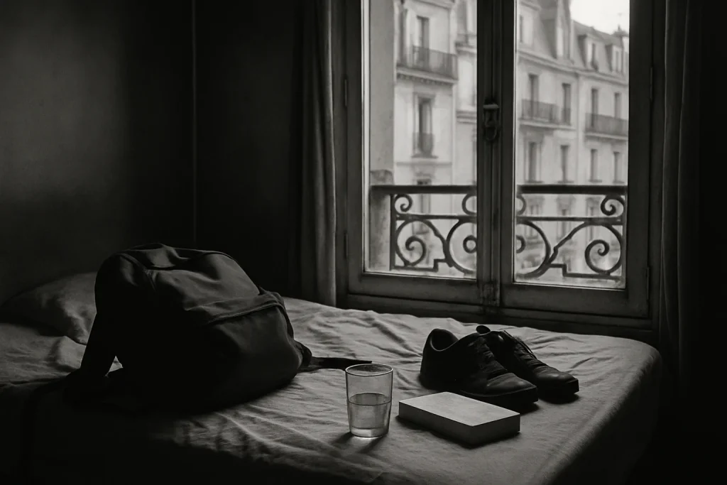 Scène en noir et blanc d'un appartement parisien avec objets abandonnés, ambiance sombre.