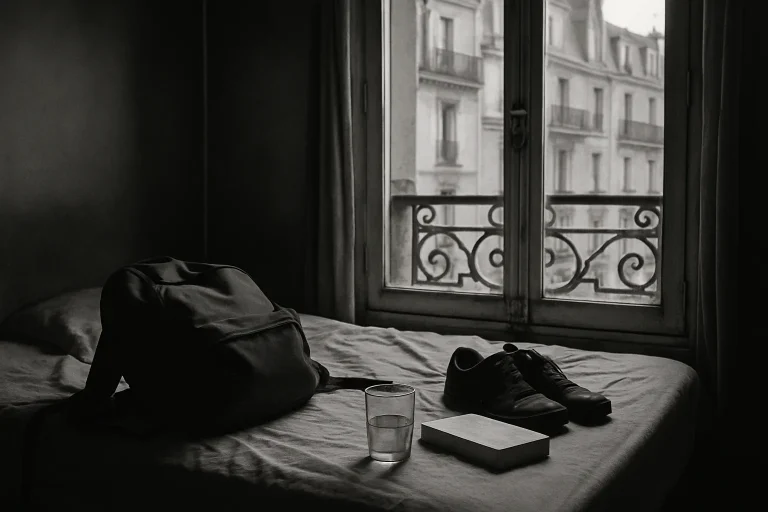 Scène en noir et blanc d'un appartement parisien avec objets abandonnés, ambiance sombre.