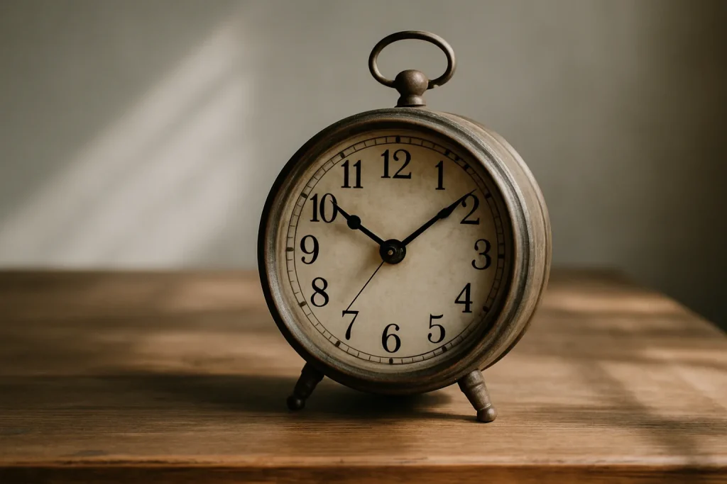 Horloge ancienne sur une table en bois, éclairée par une lumière naturelle douce