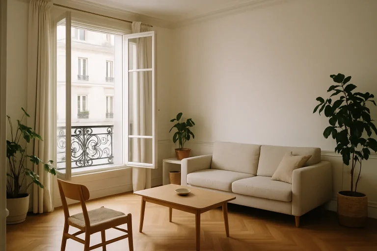 Appartement parisien propre, lumière douce, espace ordonné et plantes vertes