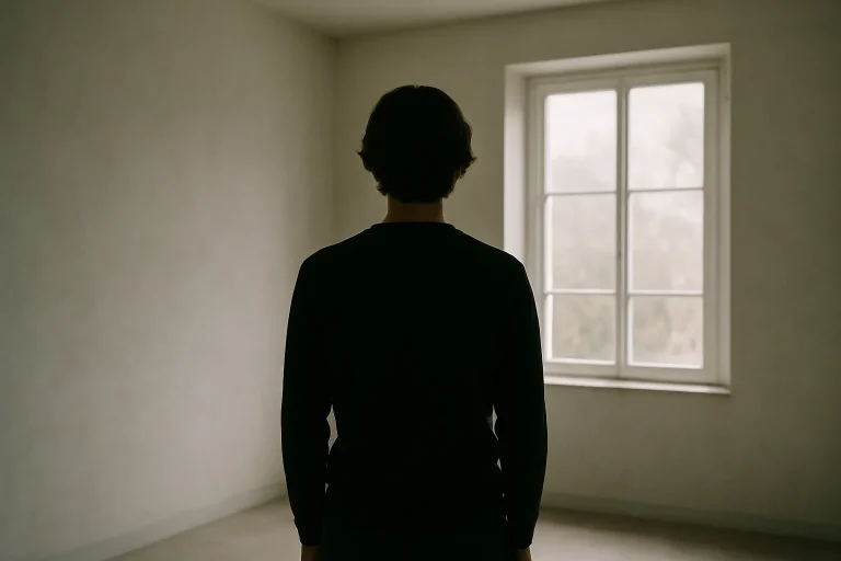 Silhouette de dos dans une pièce vide, lumière douce entrant par la fenêtre.