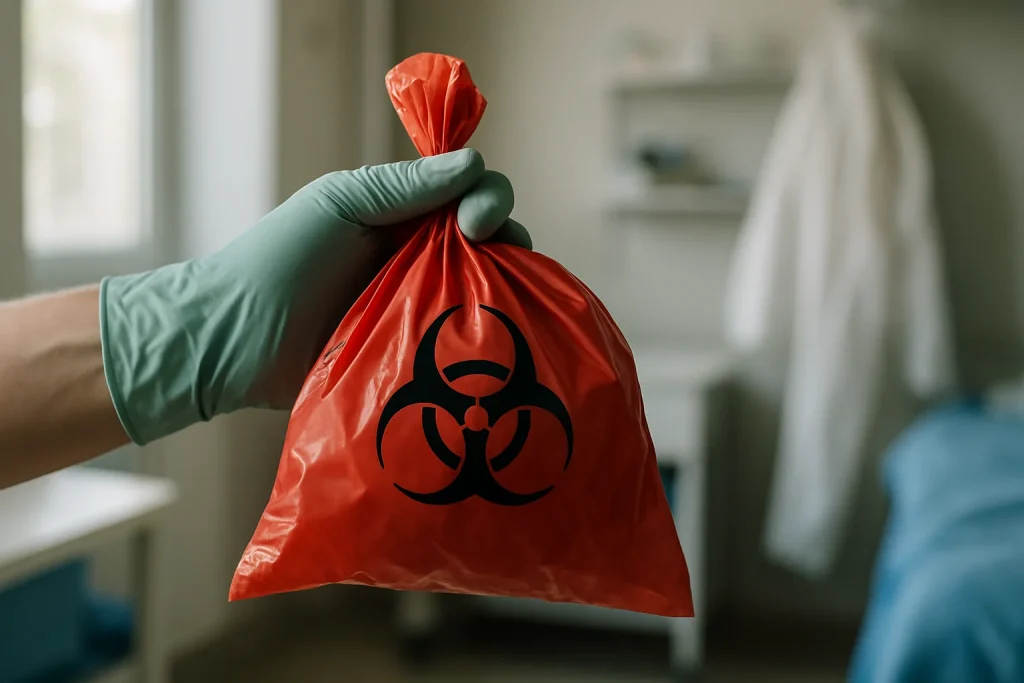Main gantée tenant un sac de déchets biologiques, intérieur flou et équipements de protection