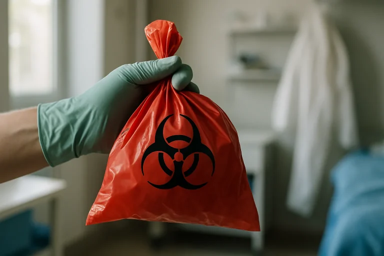 Main gantée tenant un sac de déchets biologiques, intérieur flou et équipements de protection