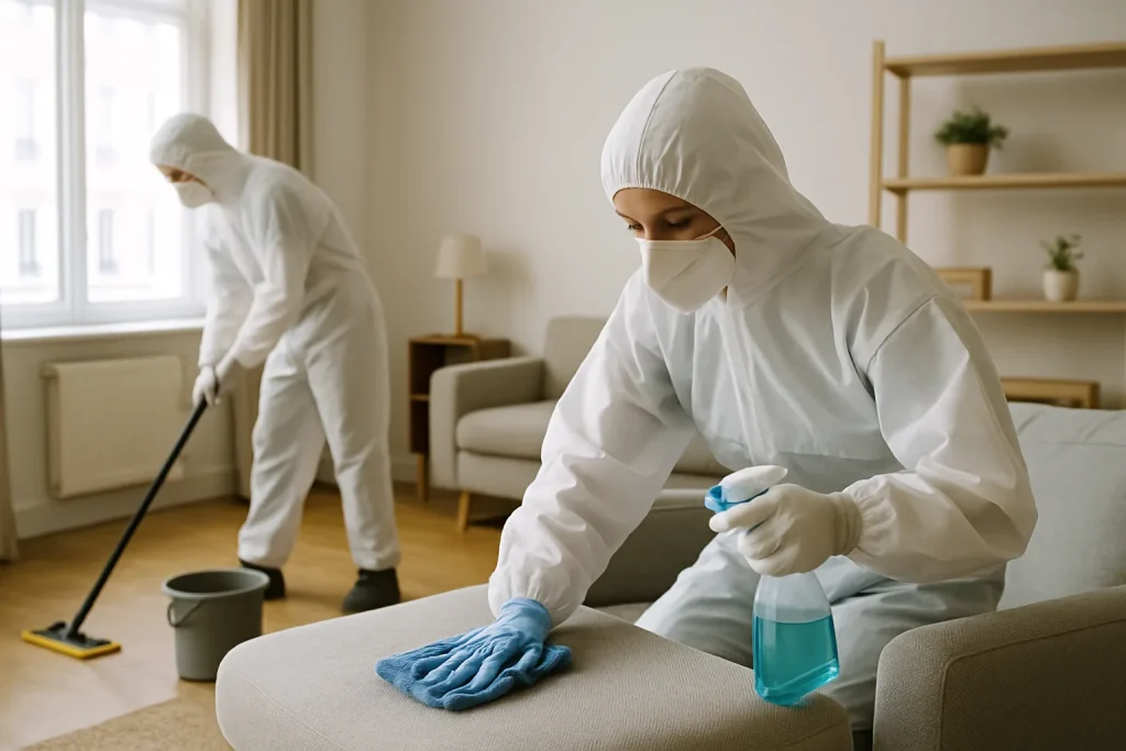 Deux nettoyeurs en tenue de protection dans un salon parisien, utilisant des outils de nettoyage.