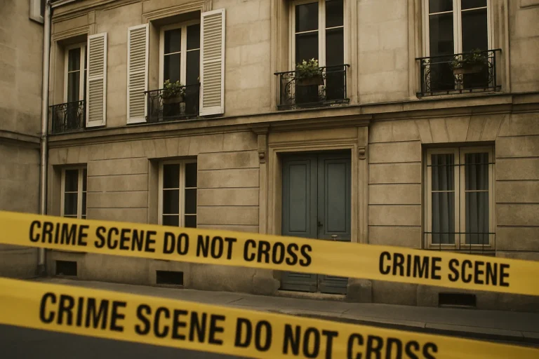 Maison ancienne à Paris entourée de rubans de scène de crime, lumière du jour.