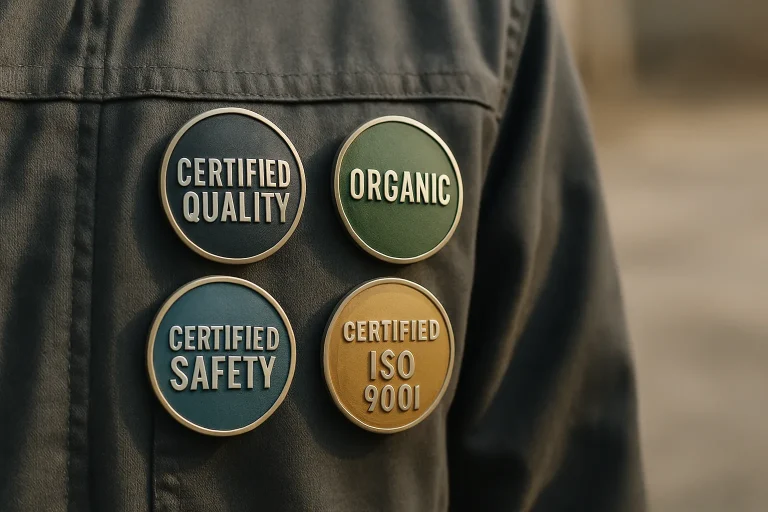 Gros plan de badges de certification sur un uniforme de nettoyage, fond flou.