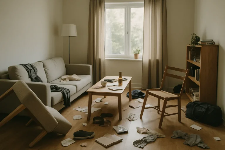 Une pièce en désordre après un décès, avec des meubles déplacés et des objets éparpillés.