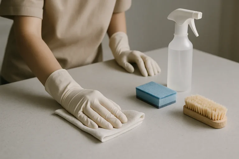 Mains gantées nettoyant une surface délicate avec des outils de nettoyage