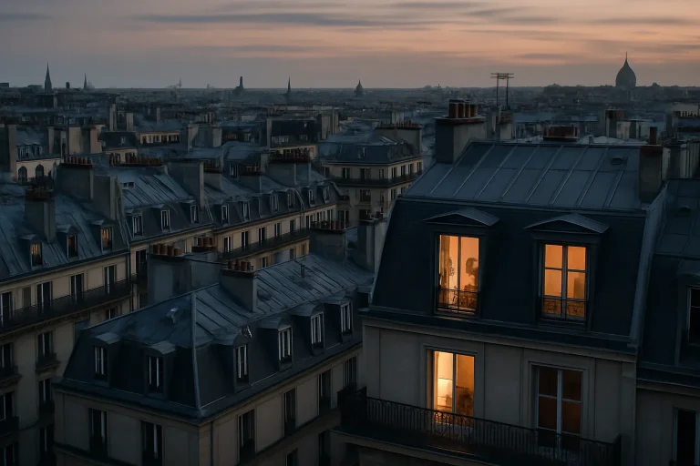 Vue aérienne d'un appartement à Paris au crépuscule, symbolisant un nettoyage après décès.