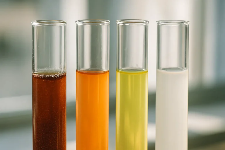 Des tubes à essai contenant diverses substances biologiques sous lumière naturelle