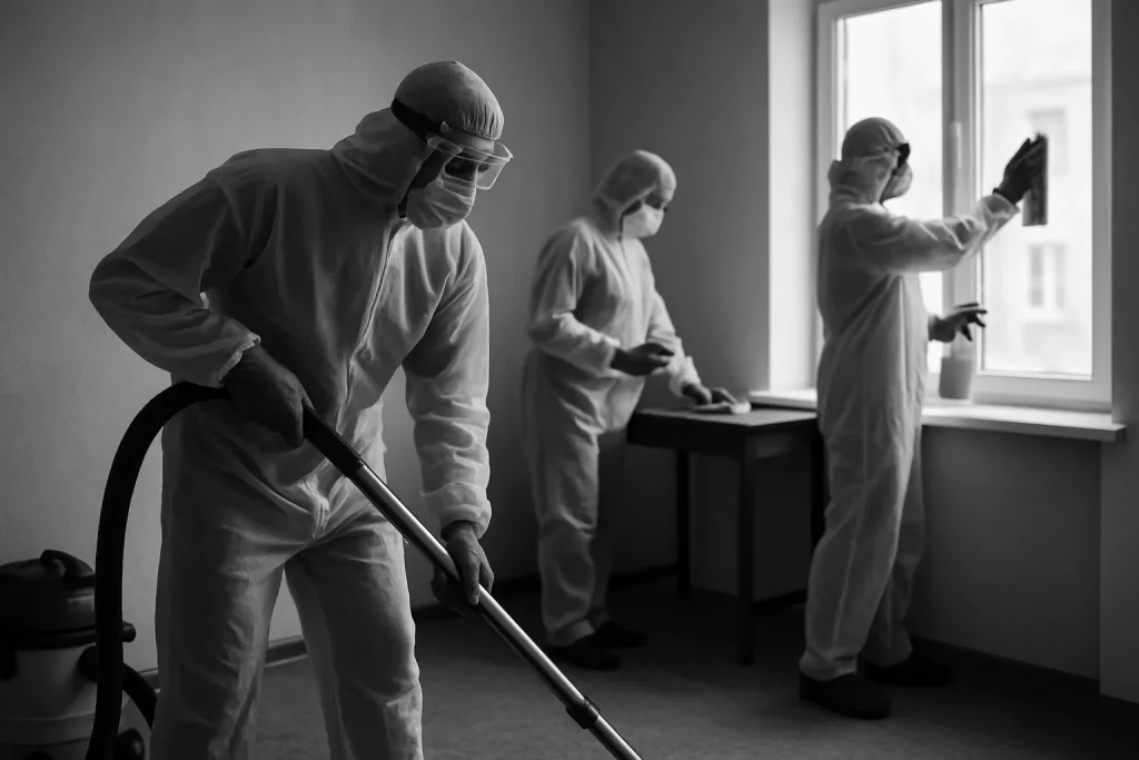 Équipe en tenue de protection effectuant une désinfection post-mortem dans une pièce bien éclairée.