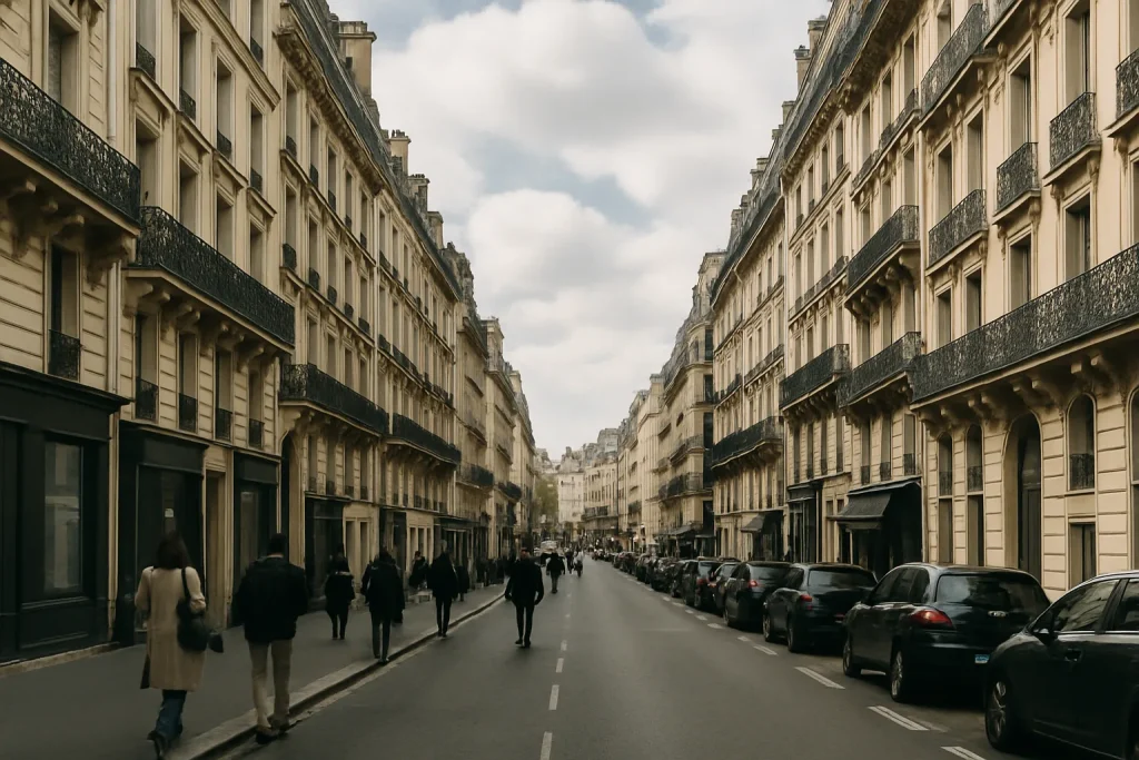 Rue parisienne avec passants et bâtiments haussmanniens sous un ciel nuageux.