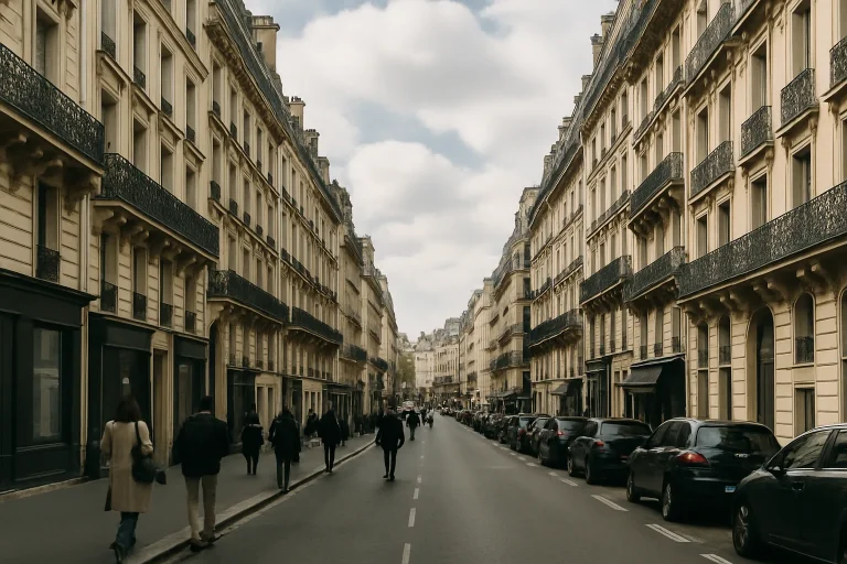 Rue parisienne avec passants et bâtiments haussmanniens sous un ciel nuageux.