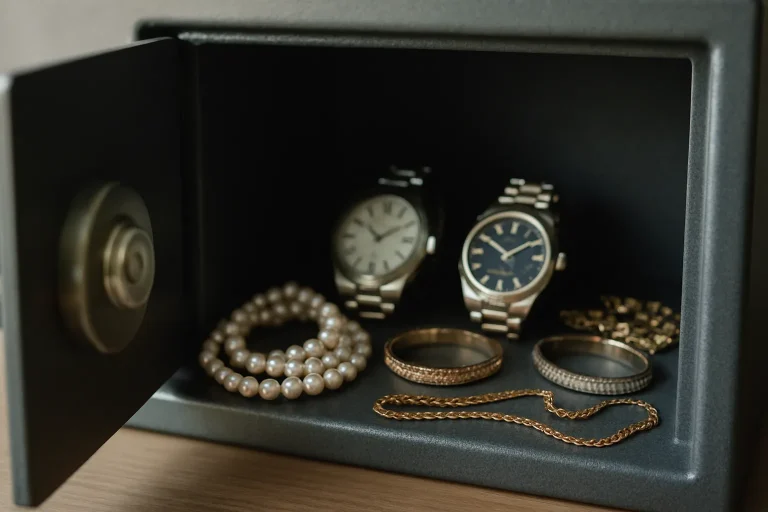 Coffre-fort ouvert avec bijoux et montres, lumière douce, fond flou