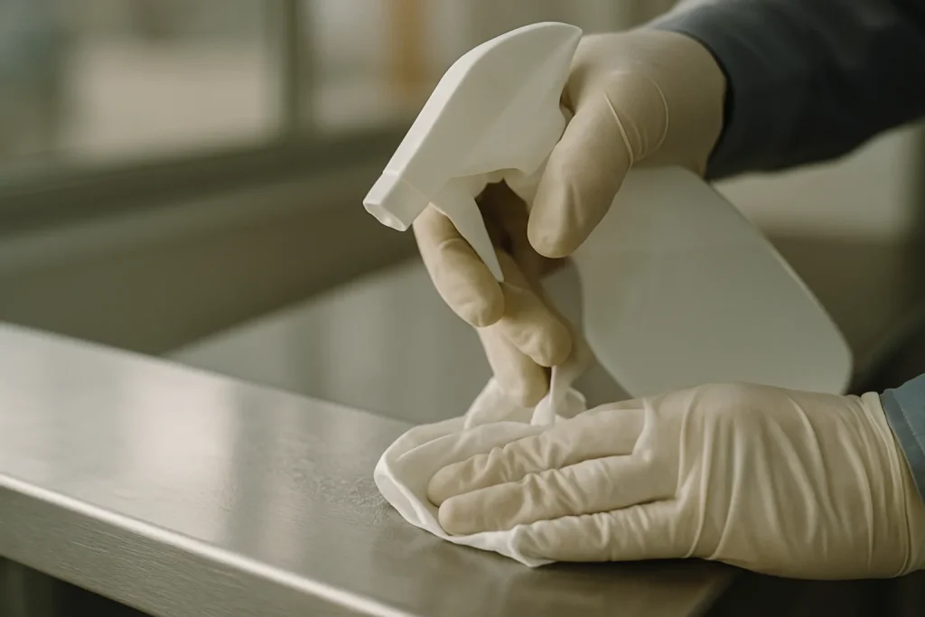 Main gantée appliquant un produit désinfectant sur une surface métallique