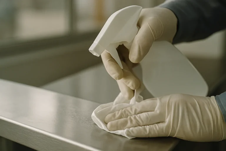 Main gantée appliquant un produit désinfectant sur une surface métallique