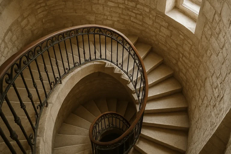 Escalier en colimaçon dans un immeuble ancien parisien avec murs en pierre apparente.