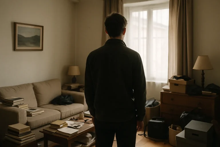 Silhouette d'un héritier de dos dans un salon encombré, lumière douce