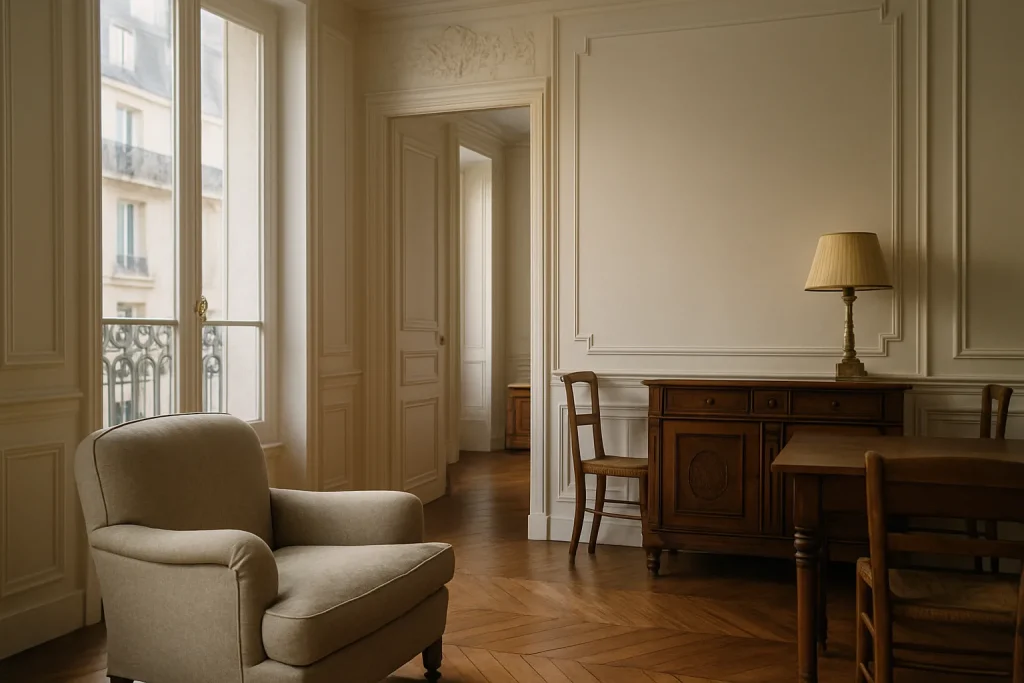 Intérieur d'un appartement parisien ancien avec moulures, boiseries et meubles d'époque.