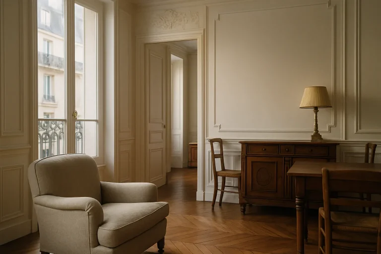Intérieur d'un appartement parisien ancien avec moulures, boiseries et meubles d'époque.