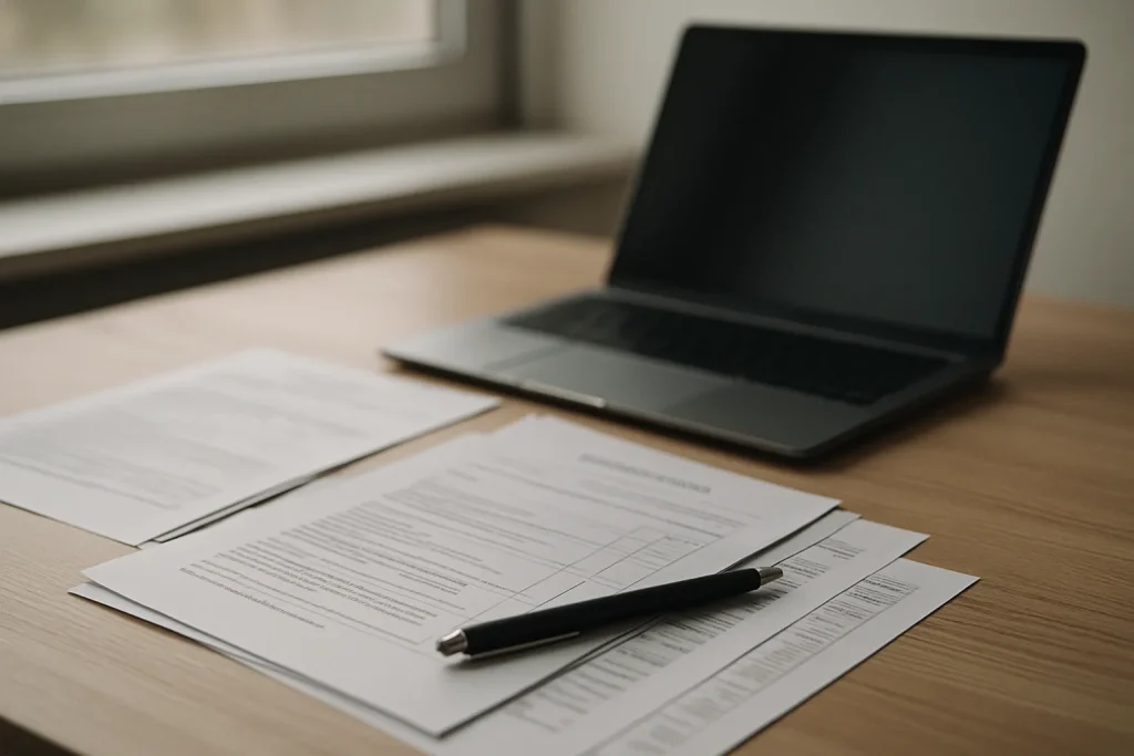 Bureau avec papiers administratifs, stylo et ordinateur portable, lumière douce