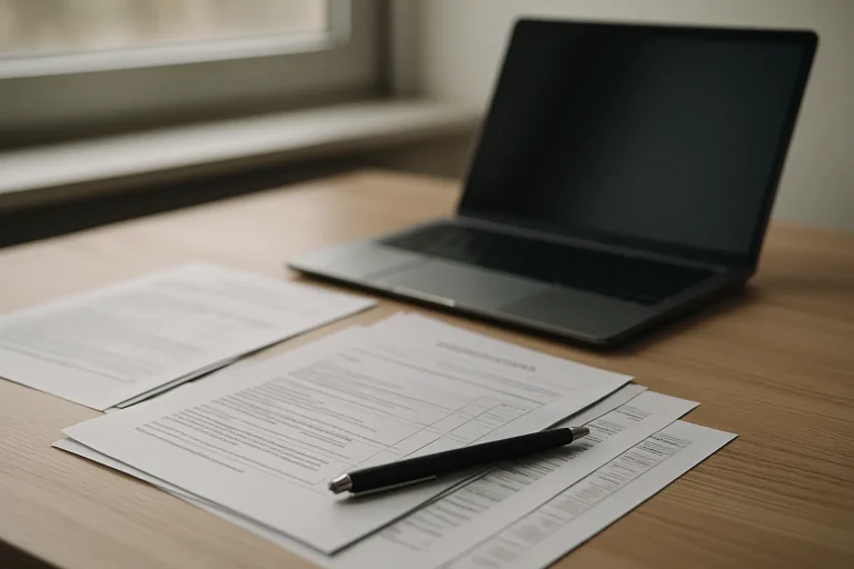 Bureau avec papiers administratifs, stylo et ordinateur portable, lumière douce