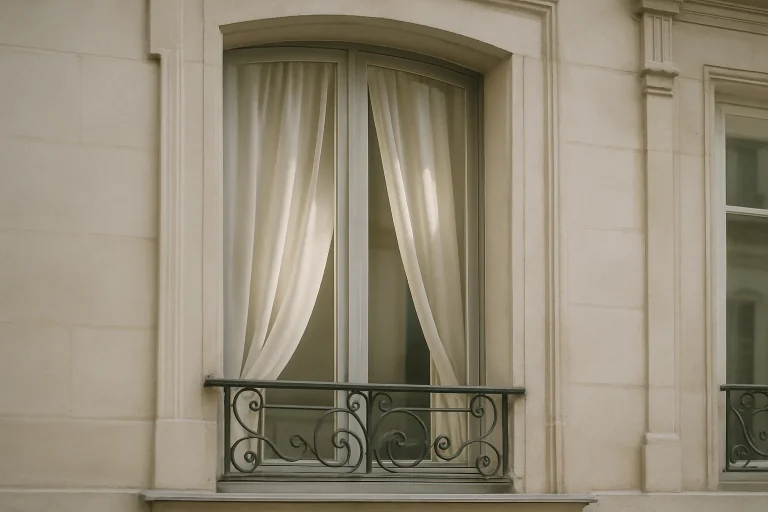 Fenêtre parisienne avec rideaux entrouverts, lumière douce et détails architecturaux.