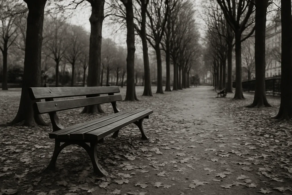 Parc parisien en automne avec arbres nus et feuilles mortes, ambiance mélancolique