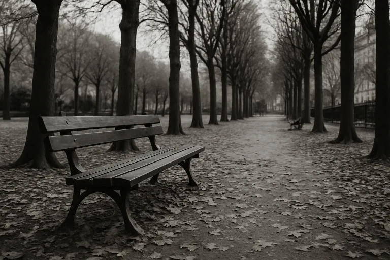 Parc parisien en automne avec arbres nus et feuilles mortes, ambiance mélancolique