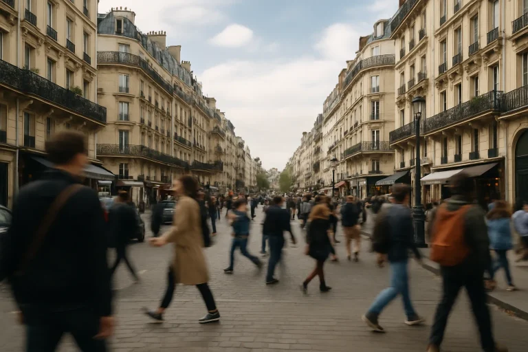 Rue parisienne animée avec immeubles haussmanniens, passants flous.