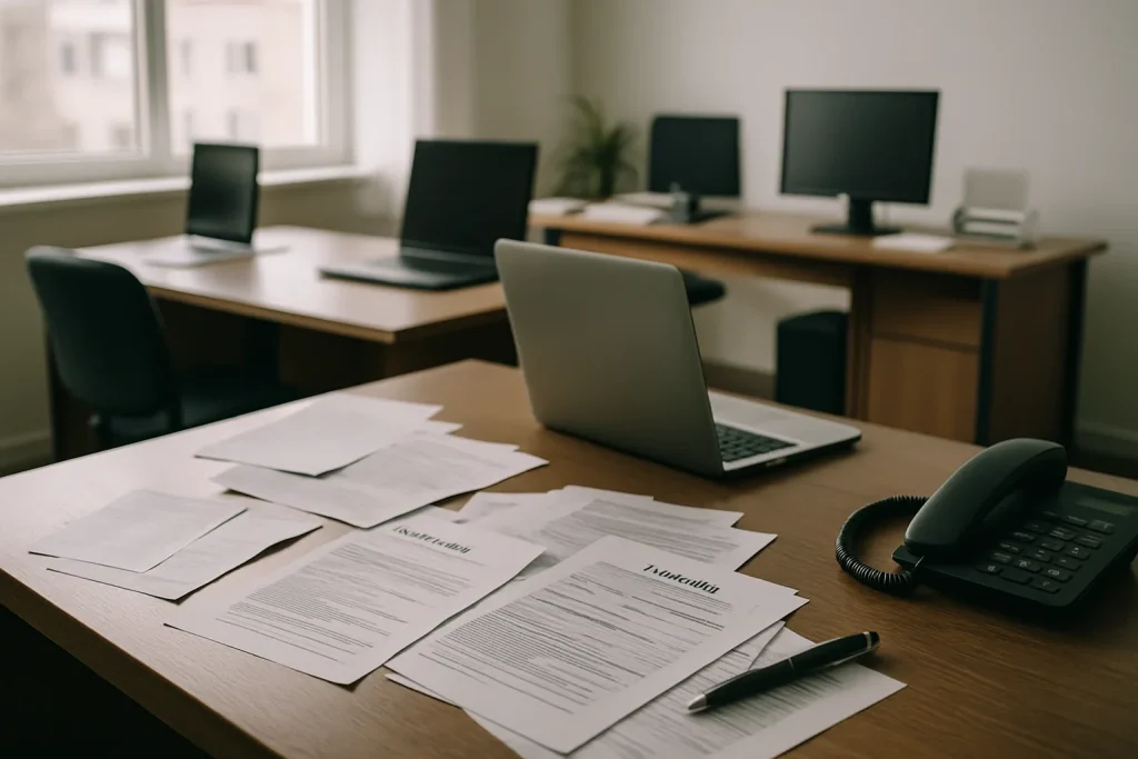 Bureau d'assurance avec documents de sinistre sur un bureau en bois, lumière douce