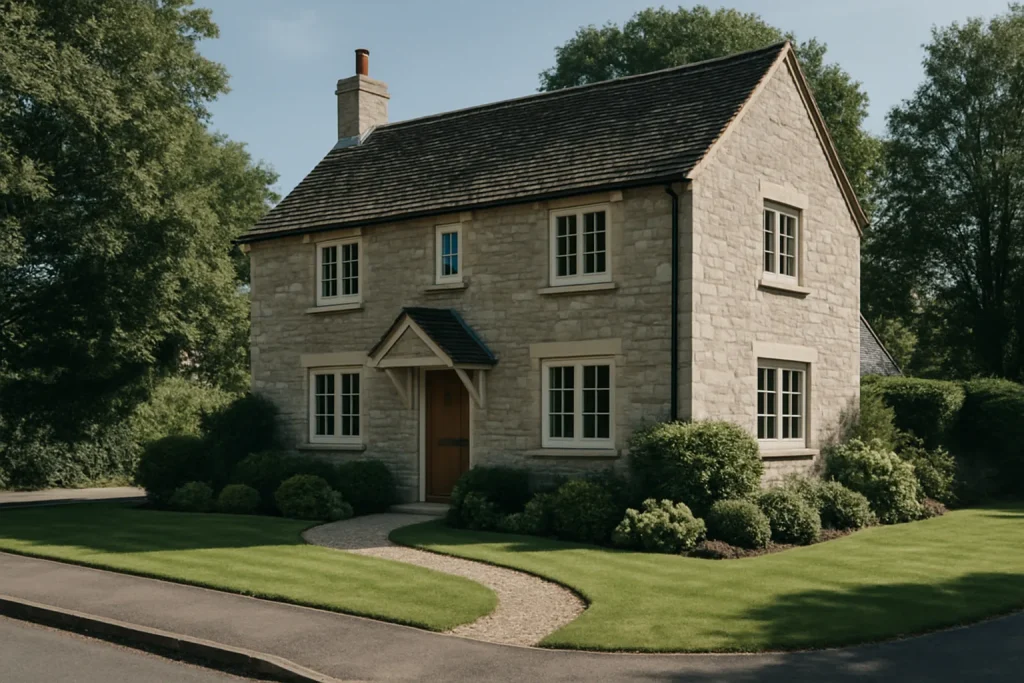 Façade d'une maison traditionnelle vue de l'extérieur, jardin bien entretenu.