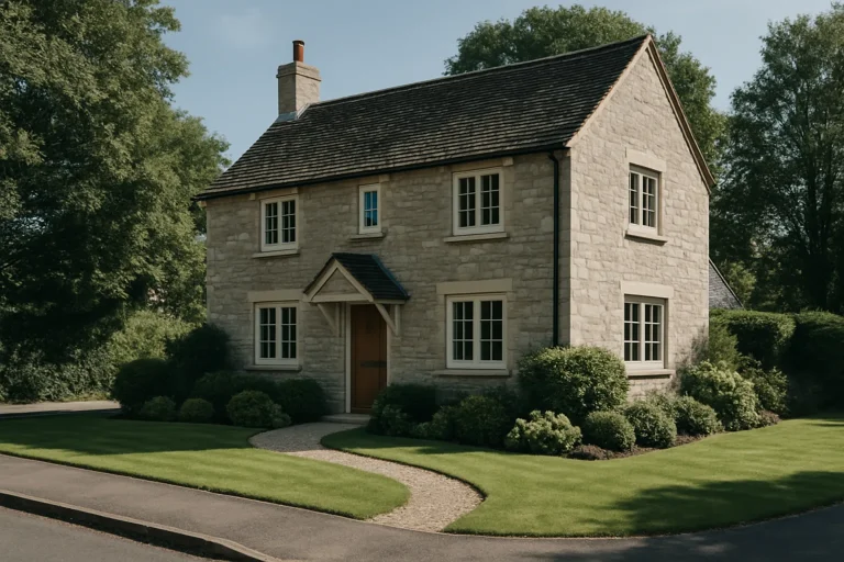 Façade d'une maison traditionnelle vue de l'extérieur, jardin bien entretenu.