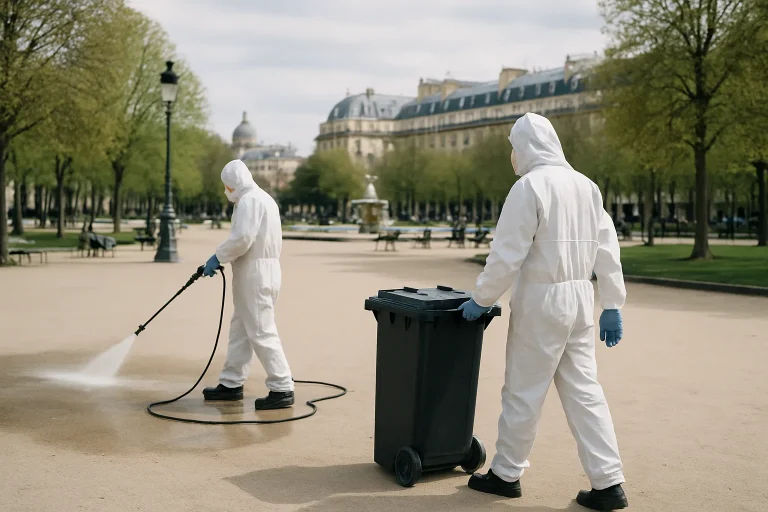 Agents de nettoyage en combinaison dans un lieu public à Paris, lumière du jour