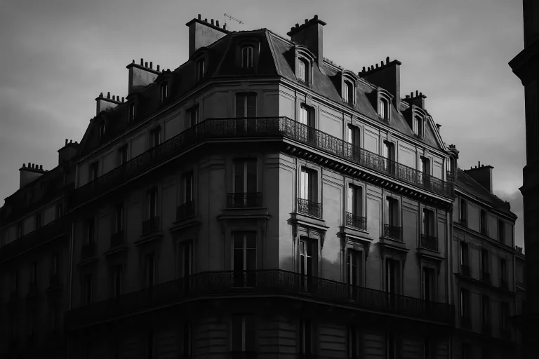 Immeuble haussmannien parisien en noir et blanc avec ambiance sérieuse, lumière du matin.