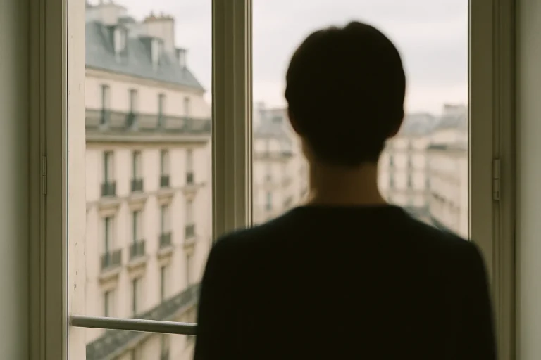 Silhouette floue de dos devant une fenêtre parisienne, ambiance douce