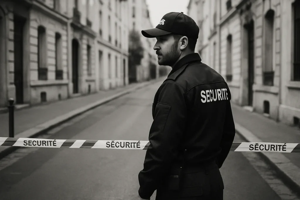 Agent de sécurité en uniforme surveillant une zone délimitée dans une rue parisienne.