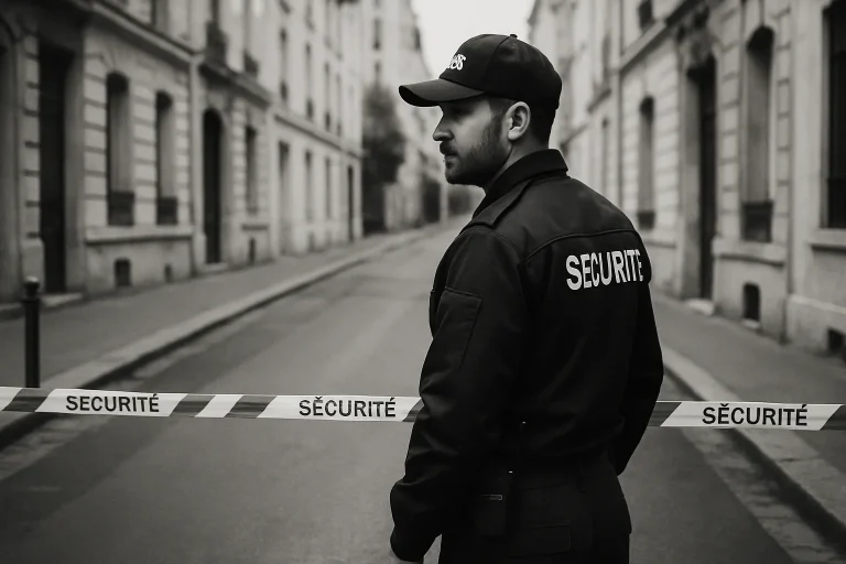 Agent de sécurité en uniforme surveillant une zone délimitée dans une rue parisienne.