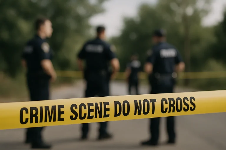 Ruban de sécurité jaune et policiers flous sur une scène de crime.