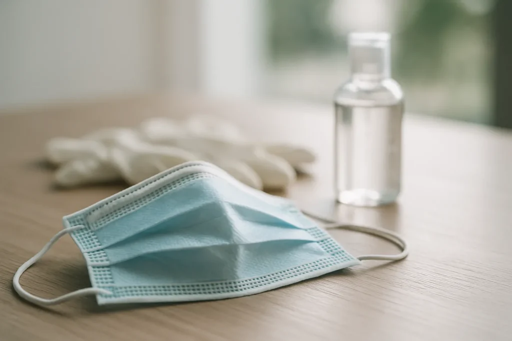 Masque, gants jetables et désinfectant sur une table, éclairage naturel.