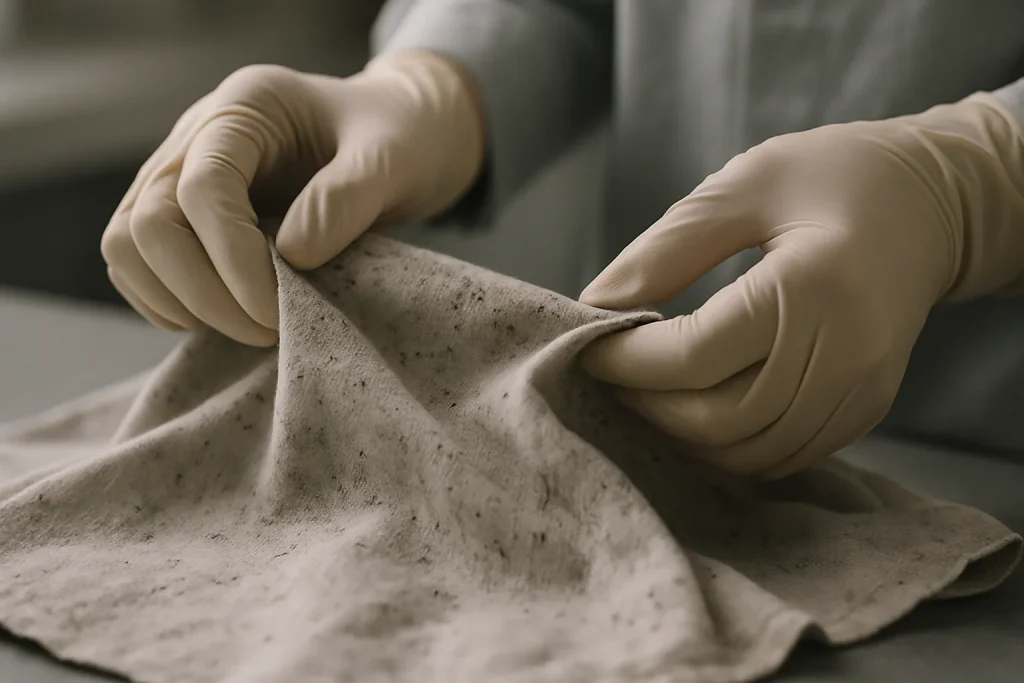 Mains gantées manipulant un tissu contaminé avec précaution, lumière neutre