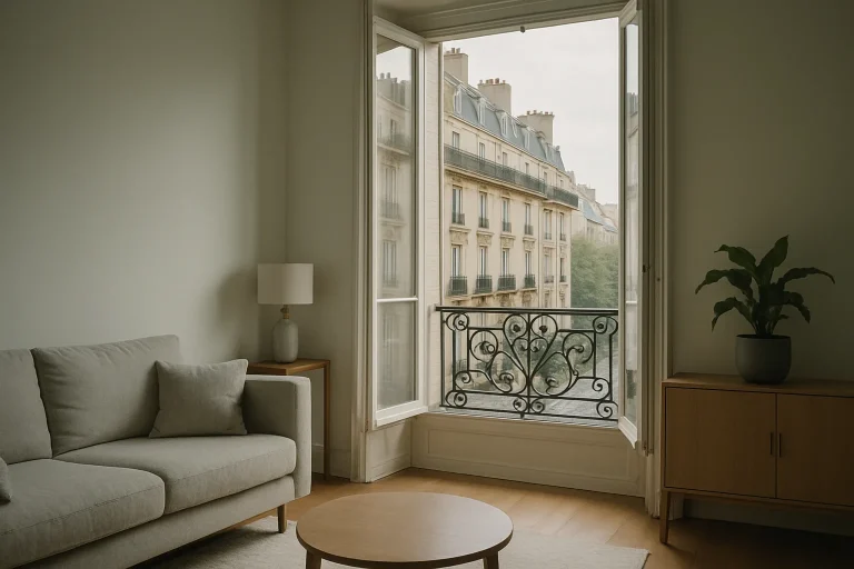 Intérieur d'un appartement parisien avec fenêtre ouverte, lumière douce