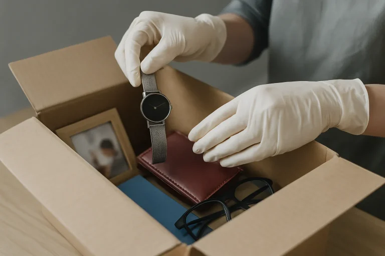 Mains gantées triant des objets personnels dans une boite en carton.