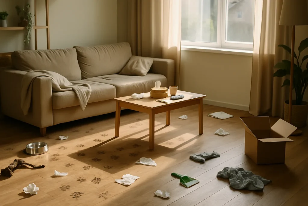 Pièce encombrée avec traces d'animaux, avant nettoyage post-décès.