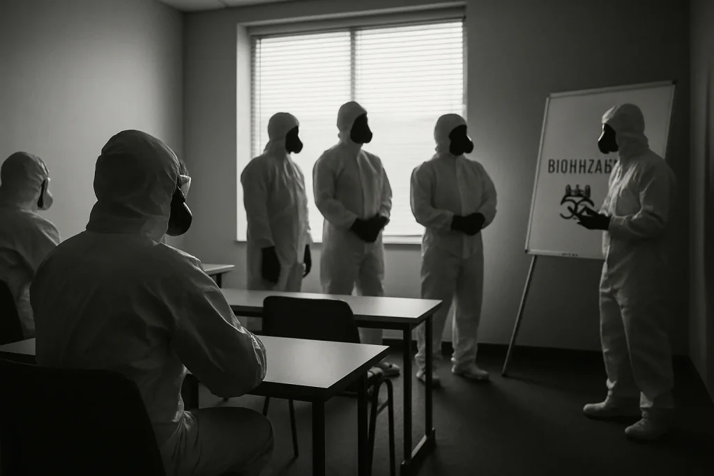 Silhouettes de personnes en tenue de protection dans une salle de formation biohazard.