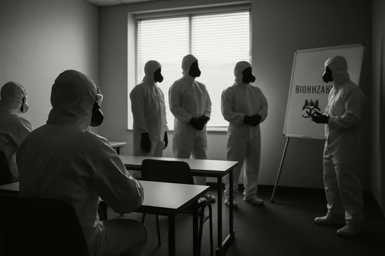 Silhouettes de personnes en tenue de protection dans une salle de formation biohazard.