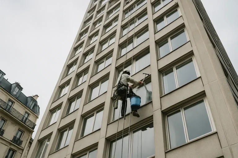 Immeuble de grande hauteur à Paris avec équipements de nettoyage visibles, lumière du jour.